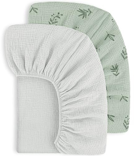 Susurration 100% Baumwolle Musselin-Spannbettlaken 2er Set Kinder Spannbettlaken,Baby-Bettlaken Reisebett Spannlaken Beistellbett Leintücher 60x120(Graugrüne Blätter)