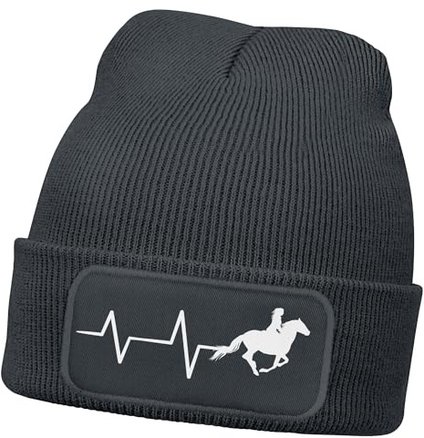 MoonWorks® Damen Beanie mit Patch Strickmütze Aufdruck Pferd Herzschlag Design Reiterin Geschenk Pferdefreundin Damenmütze