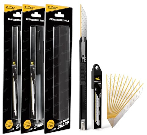 NEWISHTOOL Titanium Snap Off Blade Knife Set, 3 PCS Ti-Cutting Edge Utility Knife Box Cutter Retractable and 30 PCS Gold Coating Edge 9mm Razor Blade for Office, Cardboard, Film, Wrapping Paper Cuts