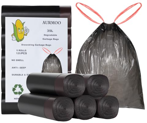 AURMOO 125x Reißfest Müllbeutel 35L mit Zugband, Abbaubar Biomüllbeutel, | Abbaubar Müllbeutel, Tropfsichere Mülltüten für Hausmüll, Reißfeste Bio-beutel für Mülleimer, Bin Liners, 55 x 65cm