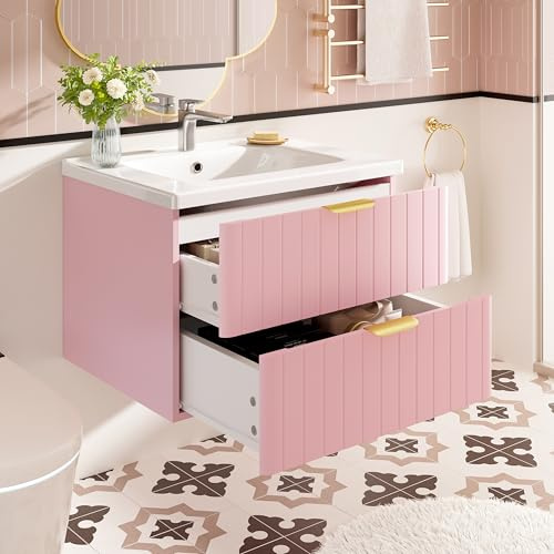 DACHETOU Mobile da bagno singolo sospeso 50 x 60 cm con lavabo, doppio contenitore, MDF resistente all'umidità, rosa + bianco