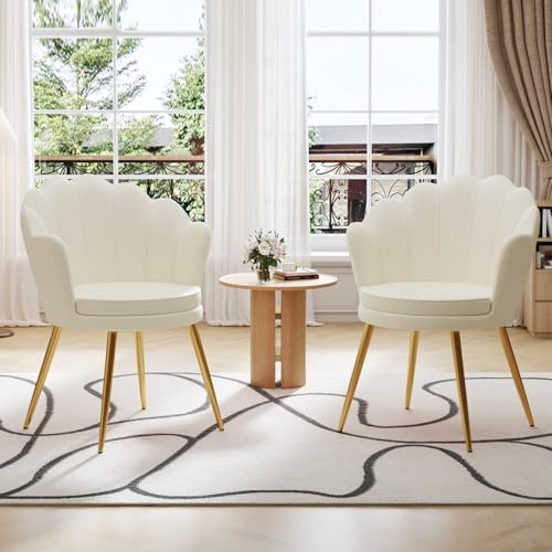 Ckaff Lot de 2 Chaise Coiffeuse, Fauteuil Coquillage en Velours, Fauteuils Salon Fauteuil Coiffeuse Confortable, Chaises Salle à Manger Chaise Rembourrée avec Pied Métal pour Chambre Salon, Beige