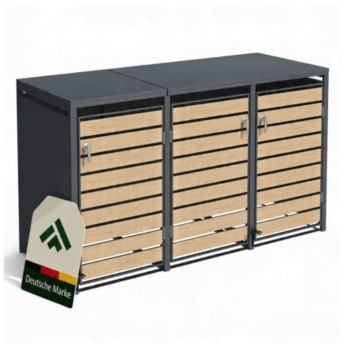 novaterra® Mülltonnenbox Metall Anthrazit für 3×240L - Premium Mülltonnenverkleidung mit Fußpedal, pulverbeschichtet, Holzoptik-Front - B 198,5 × T 80 × H 116 cm