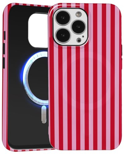 Paovkoi Coque Magnétique pour iPhone 13 Pro Max, Aesthetic Stripes Striped Motif Design Silicone Housse Étui Compatible avec MagSafe, Protection Bumper Cover pour iPhone 13 Pro Max 6,7'' - Rose Rouge