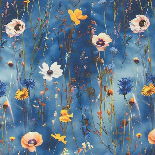 Jersey Stoff Wildblumen Floral Damen – Baumwolljersey mit Blumenmuster, dunkelblau (Länge am Stück: ab 50cm / Breite: 145cm)