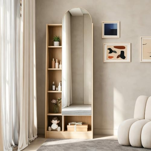 Zapatero con puerta de espejo, 60 x 28 x 165 cm, armario alto con aspecto de madera natural con espejo de cuerpo entero, armario con estantes ajustables y compartimentos abiertos, armario de pasillo y