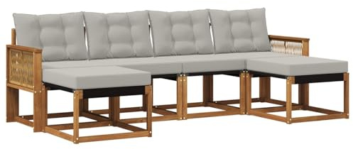 vidaXL Outdoor-Sofagarnitur mit Kissen 6 pcs Natürlich und Hellgrau, Garten Ecksofa, modernes Möbel für draußen, langlebige Liege, Coole Sitzgelegenheit auf der Terrasse