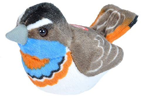 Wild Republic Plüschvogel Blaukehlchen mit authentischem Originalgesang, Kuscheltier, Plüschtier, 13cm, Blau-grau-orange