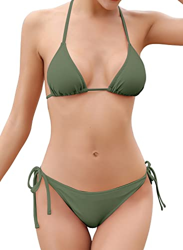 SHEKINI Bikini Damen Set Sexy Klassischer Triangel Rückenfrei Bikinioberteil Verstellbare Zweiteiliger Badeanzug Niedrige Taille Ruched Bikinihose für Frauen(S, Olivgrün)