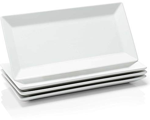 Sweese 705.101 30,5 cm Porzellanteller, rechteckig, Weiß, Serviertabletts für Partys, stapelbar, 4 Stück