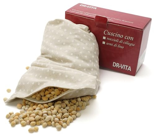 Cuscino con noccioli di ciliegia per Dolore cervicale/Mal di Stomaco/Febbre Alta/Contusioni (600gr. - 32x19x2cm) - Terapia Caldo Freddo - Fantasia Cuoricini Bianchi - Prodotto in Emilia Romagna