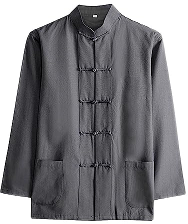 G-LIKE Chinesisches Herren Hemd Shirt - Traditionelle Kampfkunst Kung Fu Tai Chi Wushu Klassisch Tangzhuang Stil Langärmelig Jacke Training Uniform Frühling Herbst Freizeit Kleidung (Dunkelgrau, XL)