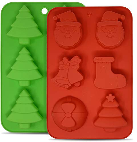 Joeji's Kitchen 2 Christmas Silicone Cake, Candy or Ice Cube Molds - Xmas Theme Shaped Silicone Baking Tray