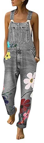 Onsoyours Salopette da Donna in Jeans con Stampa a Fiori Baggy Boyfriend Jumpsuit Tuta Denim Tuta Pantaloni Pantaloni Lunghi Jeans Senza Maniche con Tasche C Grigio Small