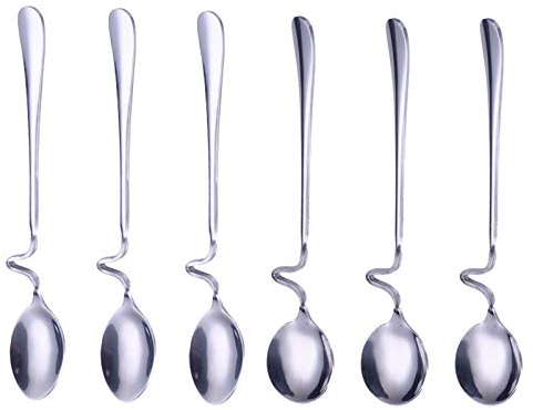 LEZED Edelstahl Löffel mit Gebogenem Griff Edelstahl Honiglöffel Gebogener Griff Kaffeelöffel Rührlöffel Honig Marmelade Löffel Teelöffel Spiral-Design Dessert Schaufeln Milch mischen Löffel 6 Stück