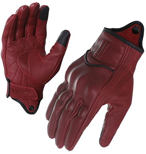 Harssidanzar GL016 Gants de moto à doigts entiers en cuir de chèvre pour femme Écran tactile Rouge sang de bœuf Taille M