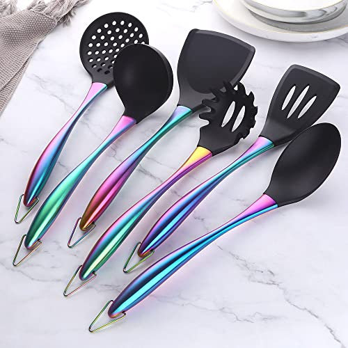 YDware Kitchen Utensil Set, 6Pcs Silicone Cooking Utensils Spatula Turner Heat Resistant Tools, Non-Stick Cookware with Steel Handle Rainbow