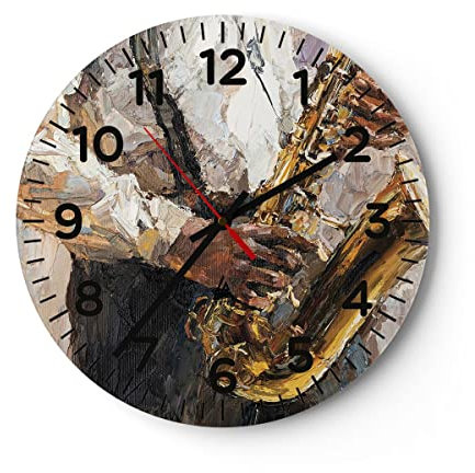Modern Wanduhr Saxophon Öl Musiker 30x30cm Rund Klein Wand Uhr Glas Analog Zimmeruhren Küche Büro Wohnzimmer Glasuhr Wall Clock Dekoration Design Wanddekoration Küchenuhr C4AR30x30-4808