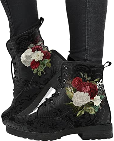 Minetom Damen Gothic Chelsea Boots Frauen Punk Stiefeletten Biker Boots Winter Knöchel Stiefel Mit Blockabsatz Gotisch Drucken Kurze Stiefel A Blume 38 EU