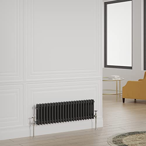 Warmehaus Traditional 2 Column Black Horizontal Radiator 300x1010mm | Victorian Radiator, Radiators Wall Mounted Central Heating, Designer Double Column Radiator, Bathroom Kitchen Small Radiator