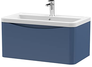nuie LUN306A Lunar Modern Bathroom Wall Hung 1 Drawer Vanity Basin Unit & Ceramic Basin, 800mm, Satin Blue