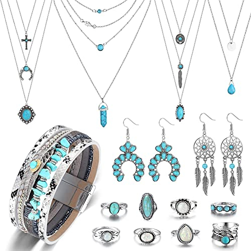 Milacolato 15Pcs Indianer Schmuckset für Damen Boho Layered Türkis Anhänger Halskette Kette Vintage Wrap Armband Armreif Ohrhänger Bohemian Knuckle Ringe Set Hippie Türkis Schmuck Set