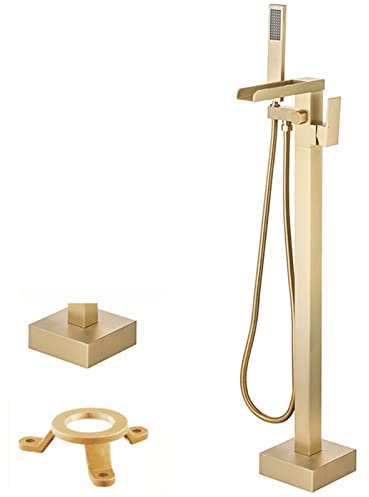 SWHC Freistehende Armatur Badewanne, 2 Modus Standarmatur für Wanne mit Handbrause 360°Drehen Auslauf Wasserfall Bodenstehende Wannenarmatur Messing Badewannenarmatur