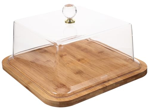 Wood Cake Stand Square Cake Tray with Acrylic Dome Cover Cake Display Plate Holder Plate Bread Serving Platter for Wedding Birthday Party, 27cm x 16cm