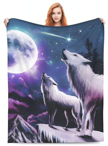 Zeleda Wolf-Fleece-Überwurfdecke, superweicher Plüsch für Damen, Herren, Kinder, Mondwolf-Design, 152,4 x 127 cm