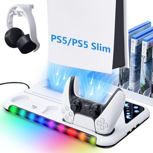 Allnice PS5 Slim Stand and Cooling Station with Charging Station Controller for Playstation 5, PS5 Accessories with 3 Level Cooling Fan, RGB LED Light, 3 Hubs