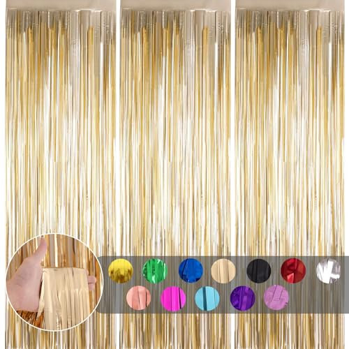 3pcs Champagne Gold Metallic Tinsel Backdrop Party Foil Door Curtain,1*2m Glitter Fringe Curtain Wall,Shimmer Curtains Tassel Backdrop for Birthday Wedding Xmas Party Decoration