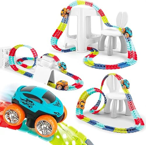 Autorennbahn Auto Rennbahn Inklusive 184 Stück Tracks Rennstrecke Auto Spielzeug, Flexible Autobahn für Kinder ab 2 3 4 5 6 Jahre