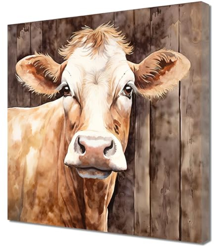 ZQQART Kuh Leinwand Kunst Dekor Bauernhof Kuh Kunstdruck Landhaus braunes Rind Bilder niedliches Kuh Tierposter für Zuhause Wanddekoration (Braun,40x40cm)