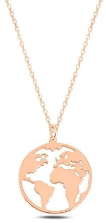 Einzelstück® Halskette mit Weltkugel Anhänger I 925 Sterling Silber Kette 14K Gold vergoldet I Silberkette Damen 45cm mit Weltkarte I Antiallergen & Nickelfrei I Globus Kette Echtschmuck