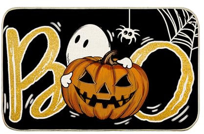 Halloween Door Mat, Halloween Welcome Mat for Front Door, Halloween Pumpkins with Ghost Boo Spooky Holiday Non Slip Outdoor Doormat for Entrance Entryway Outside, 17x29 Inches