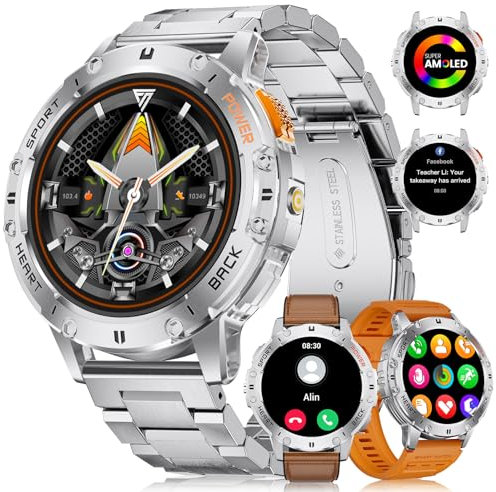 FOXBOX Smart Watch for Men with 3 Straps, 1.43 AMOLED Smartwatch 530mAh 5ATM Waterproof 100+ Sport Modes Fitness Watch Step Calorie SpO2 Heart Rate Sleep Blood Pressure Monitor for iOS Android