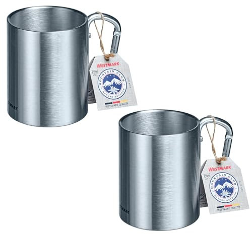 Westmark 2 Edelstahltassen mit Karabinerhaken – Praktische Camping-Tassen Outdoor, ideal für heiße und kalte Getränke, Becher mit Karabiner – 300 ml, Edelstahl, rostfrei, 615422E3