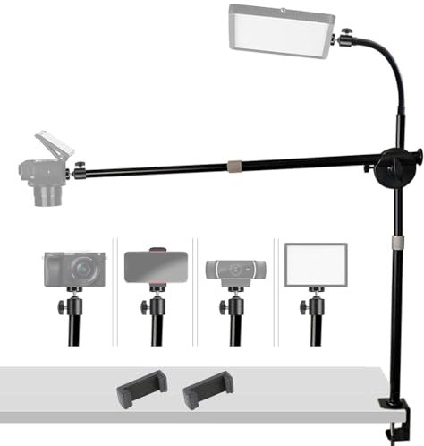Tentucro Camera Desk Mount Table Stand with Overhead Rotatable Extension Arm, Gooseneck Arm, C Clamp, 1/4 Ballhead, Phone Holder for Camera, Phone, Ring Light & Webcam, Live Streaming (Combination)