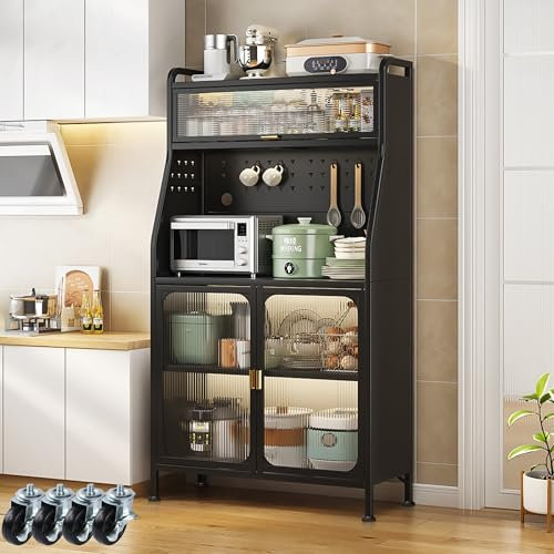 Fiutazge Mueble Auxiliar Cocina con Ruedas,Vitrina,Mueble Comedor,Moderno Armario Alto de Cocina con Puertas y Estantes Ajustables para Sala de Estar, Comedor, Entrada 86 x 36 x 160 cm Negro