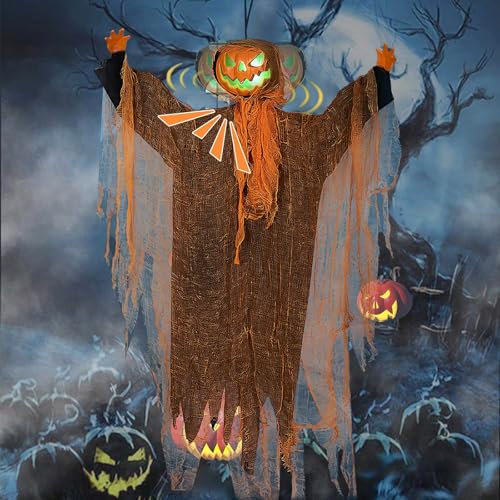 HUIKUANGEU Schüttelkopf Kürbiskopf Dekoration mit LED Licht,Hängende Laterne Kürbiskopf,Halloween Deko Outdoor,Halloween Deko Geister Baumstumpf für Vorgarten Patio Rasen,Halloween Deko