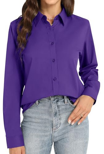 J.VER Damen Bluse Langarmshirt Einfarbig Tops Kragen Baumwolle Oberteile Knitterfreies Damen Hemdbluse Mode Für Damenblusen Lila