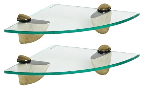Harbour Housewares Floating Glass Bathroom Corner Shelves - 20cm - Clear/Gold - 2x Wall-Mounted Kitchen Bedroom Shower Room Décor Caddy Towel Storage Organiser Shelving Rack with Brackets
