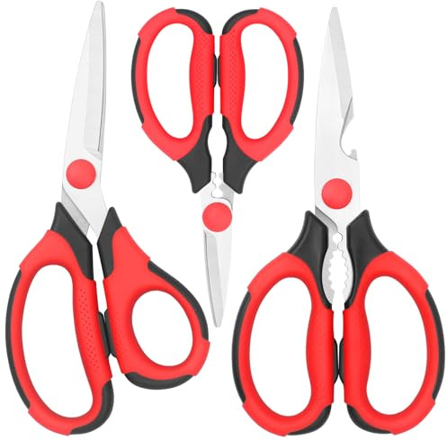 Vutyvve Tijeras de cocina, cuchillas afiladas de acero inoxidable, empuñaduras suaves, juego de tijeras multiusos resistentes, color rojo y negro, juego de 3 piezas