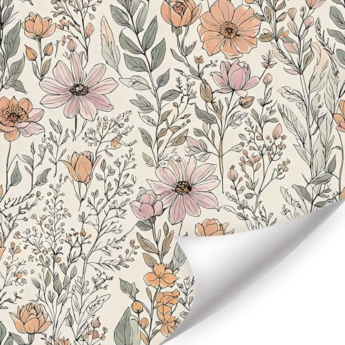 HPNIUB Peel and Stick Beige Wallpaper Pink Floral Self Adhesive Removable Waterproof Boho Flower Leaf Botanical Wall Paper for Bathroom Bedroom Living Room Nursery Boho Home Decor(17.3 x 118.1 inch)