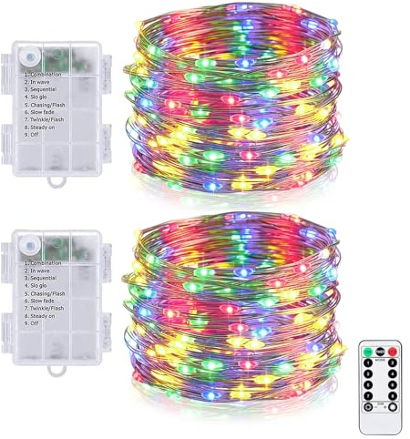 MOLVCE Guirlande lumineuse LED à piles - 50 LED - 5 m - Micro guirlande lumineuse d'intérieur avec minuterie et télécommande - 8 modes - Étanche - Fil argenté - Pour fête, mariage, balcon, multicolore