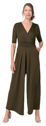 Izabel London 1/2 Sleeve Wrap Waist Wide Leg Jumpsuit For Women UK with a v-neck and tummy flattering details.