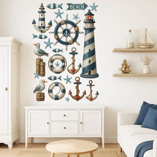 Maritimes Wandtattoo Leuchtturm Anker Möwen Blau selbstklebend | Größe 4 | 55 x 82 cm, blau; maritime Wanddeko als selbstklebende Vinylfolie für Bad, Flur und Kinderzimmer