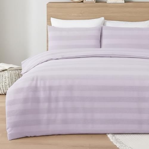 MHG Living Double Duvet Cover Set – Soft Polycotton Waffle Stripe Bedding with Button Closure and Corner Ties – Textured Fabric – Includes 2 Pillowcase – Berries – 200x200cm