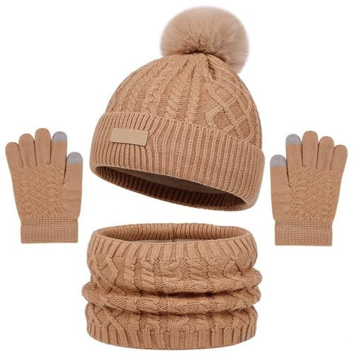 GIBZ Dickes Jacquard Kinder Wintermütze Loop Schal Handschuh Set Bommel Mütze für Mädchen Jungen 3–8 Jahren, Khaki