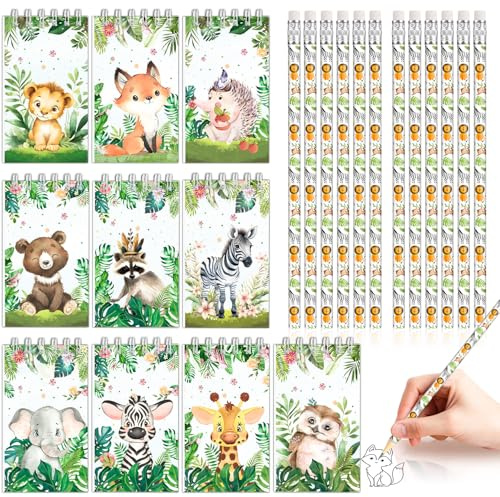 Mini Notizblock Waldtiere, 12 Waldtiere Bleistifte 10 Notizblöcke Klein | Spiralblock mit Krokodil Elefant Zebra Giraffe Löwe Affe Tiger Kuh, Notizbuch für Geburtstag Party, Klassenzimmer